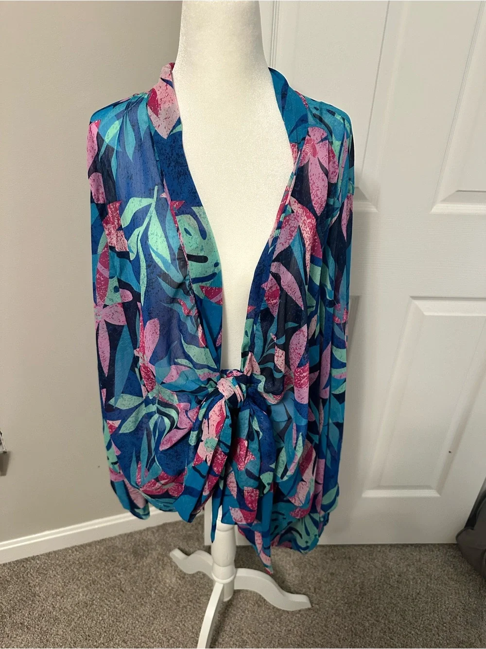 Colleen Lopez Teal, Navy & Pink Leaf Tie-Front Swim Coverup